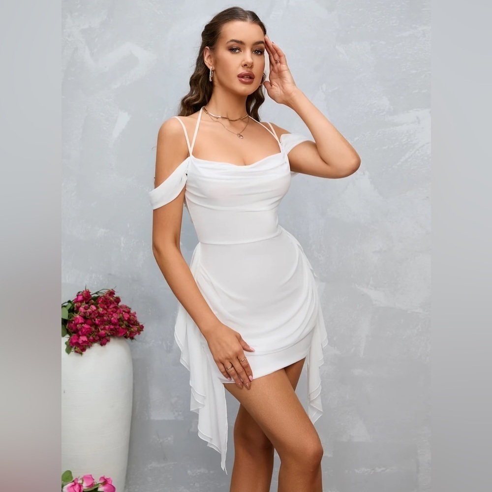 Parthea Cold Shoulder Ruffle Trim Ruched Mesh Bodycon Dress - Picture 5 of 15